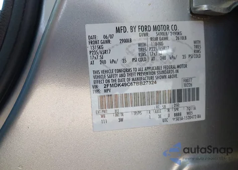 2007 Ford Edge Sel Plus from USA, damaged, VIN 2FMDK49C67BB27324